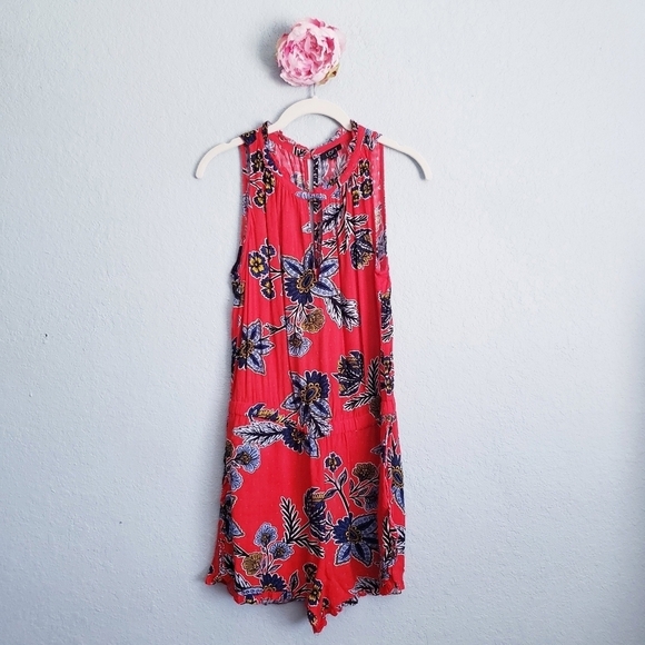 LOFT Red Floral Island Party Halter Romper - Picture 2 of 9